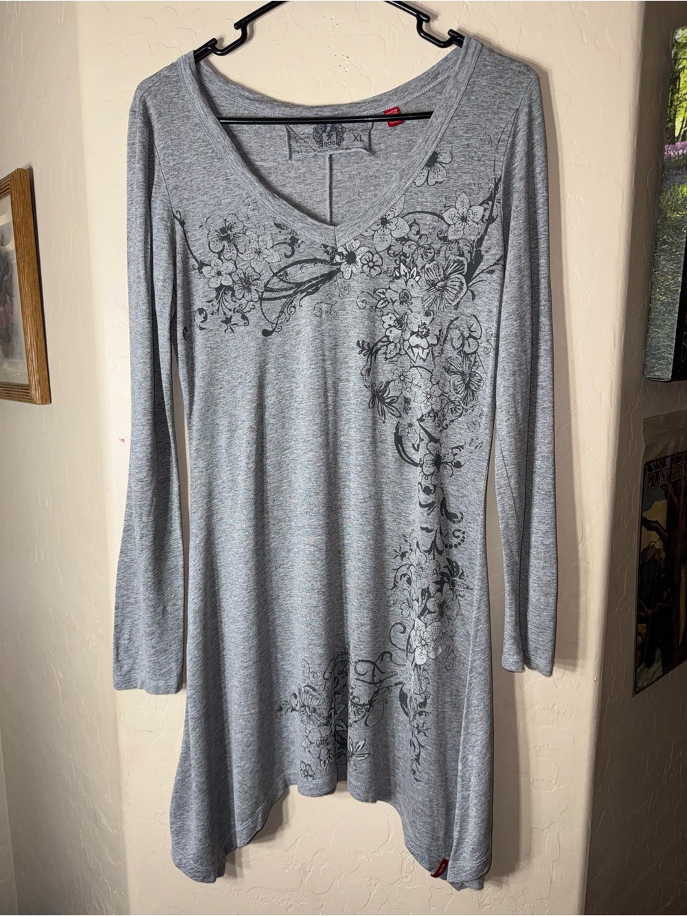 edc Gray Floral Graphic Tunic Dress Long Sleeve V Neck Handkerchief Hem XL